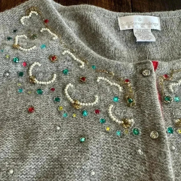 Soft Surroundings | Tan/Gray Lambswool & Angora Beaded Button Down Cardigan - Picture 3 of 8